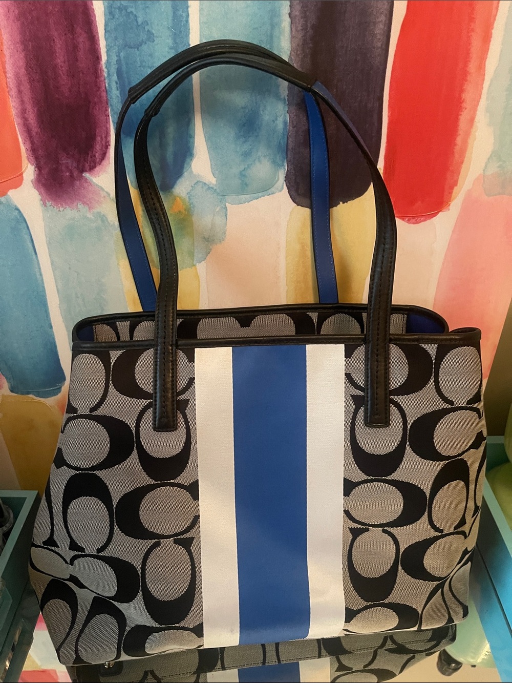 Coach Signature Stripe Tote in Black, Blue & White